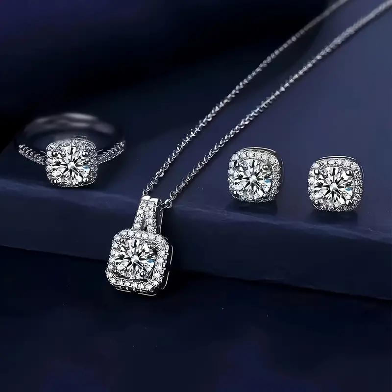 Elegant Square Cut Zirconia Jewelry Set - Shimmering Earrings, Necklace, And Ring - Timeless Luxury for Women - Perfectly Chic Gift