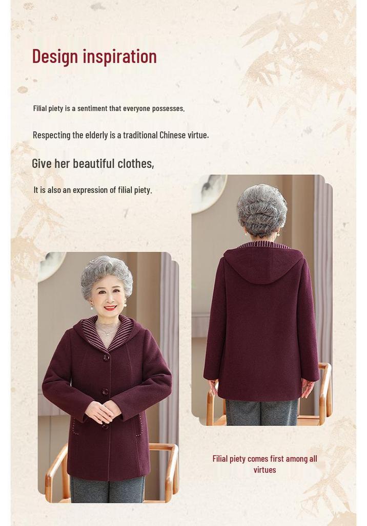 Spring Mid-Length Hooded Woolen Coat - Plus Size for Middle-Aged & Elderly Women