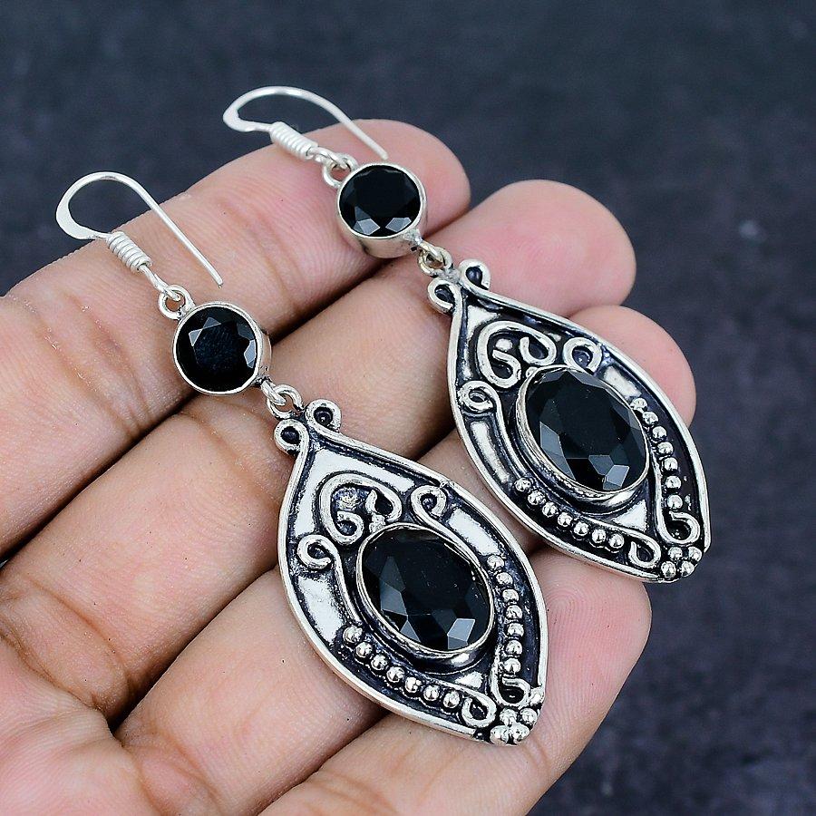 Natural Black Spinel Gemstone Handmade 925 Sterling Silver Earring 2.76" W9S25
