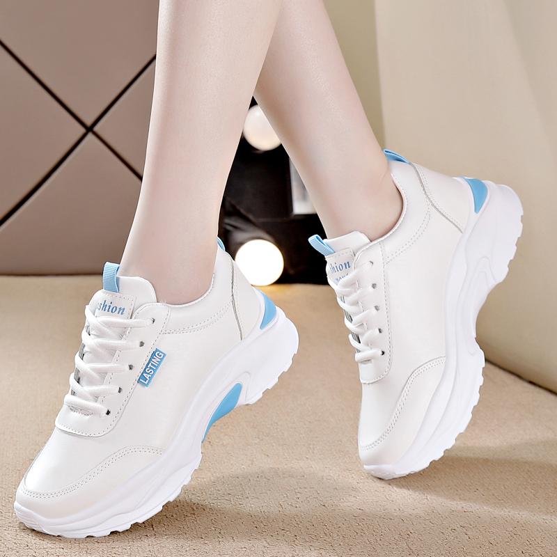 Women PU Leather Chunky Shoes Woman Platform Height Increased Sneakers 4CM Thick Sole Wedges White Casual Comfortable Vulcanized