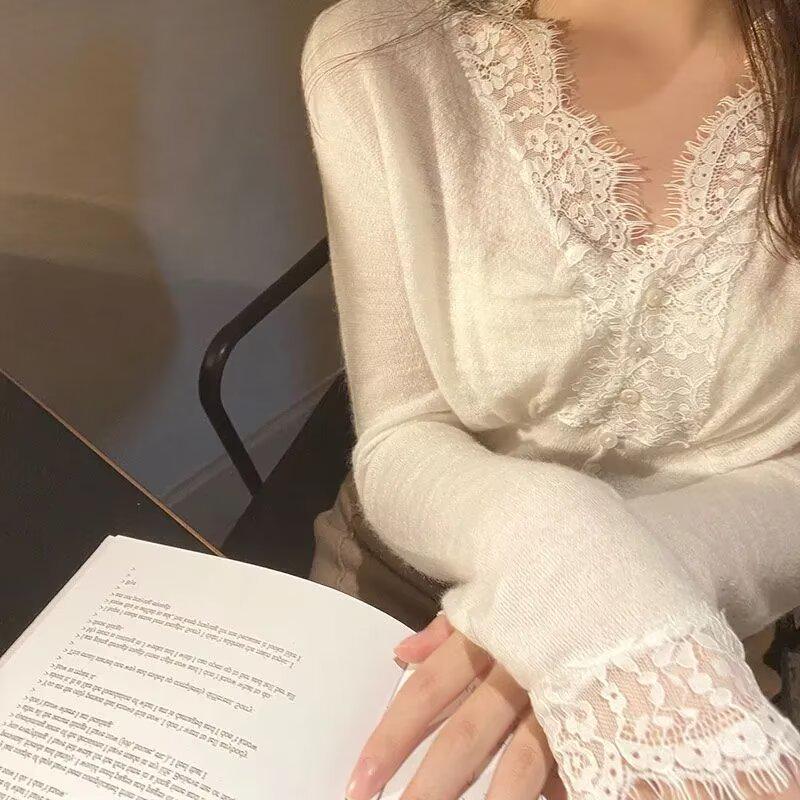 Black Slim Fit V-Neck Lace Trim Cardigan - Women's Long Sleeve Spring Sweater Top