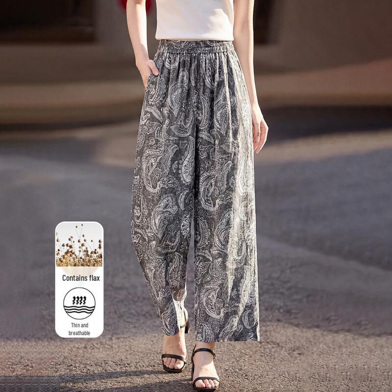 Fumama Women s Linen Blend Ethnic Straight-Leg Casual Pants 2XL