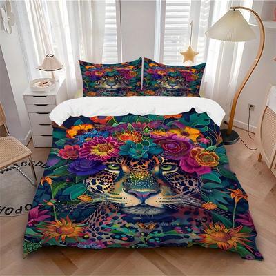 3pcs Floral Leopard Print Bedding Set, Suitable for Bedroom Decoration, (Includes 1 Duvet Cover And 2 Pillowcases, Quilt Not Included) Yy250822196