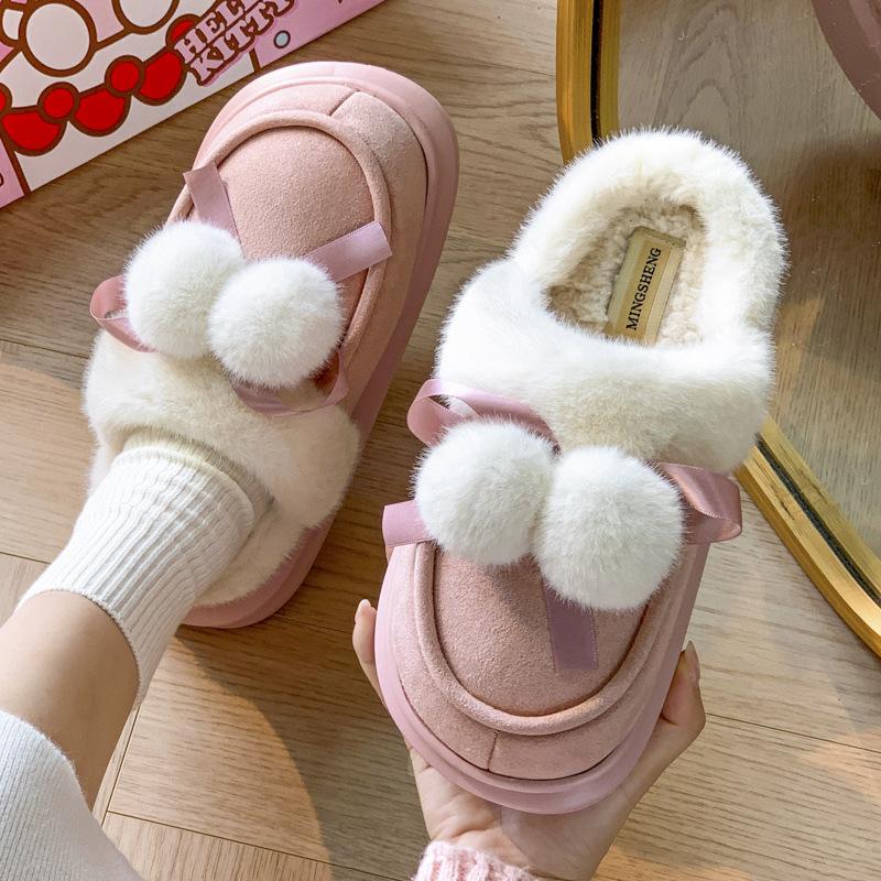 New Hairy Double Ball Bow Home Cotton Slippers Winter Indoor Velvet Warm Non-slip Slippers Can Be Worn Outside