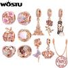 WOSTU 925 Sterling Silver Rose Gold Eiffel Tower Charms Pendant Flower Beads Fit DIY Bracelet Necklace Jewelry Making