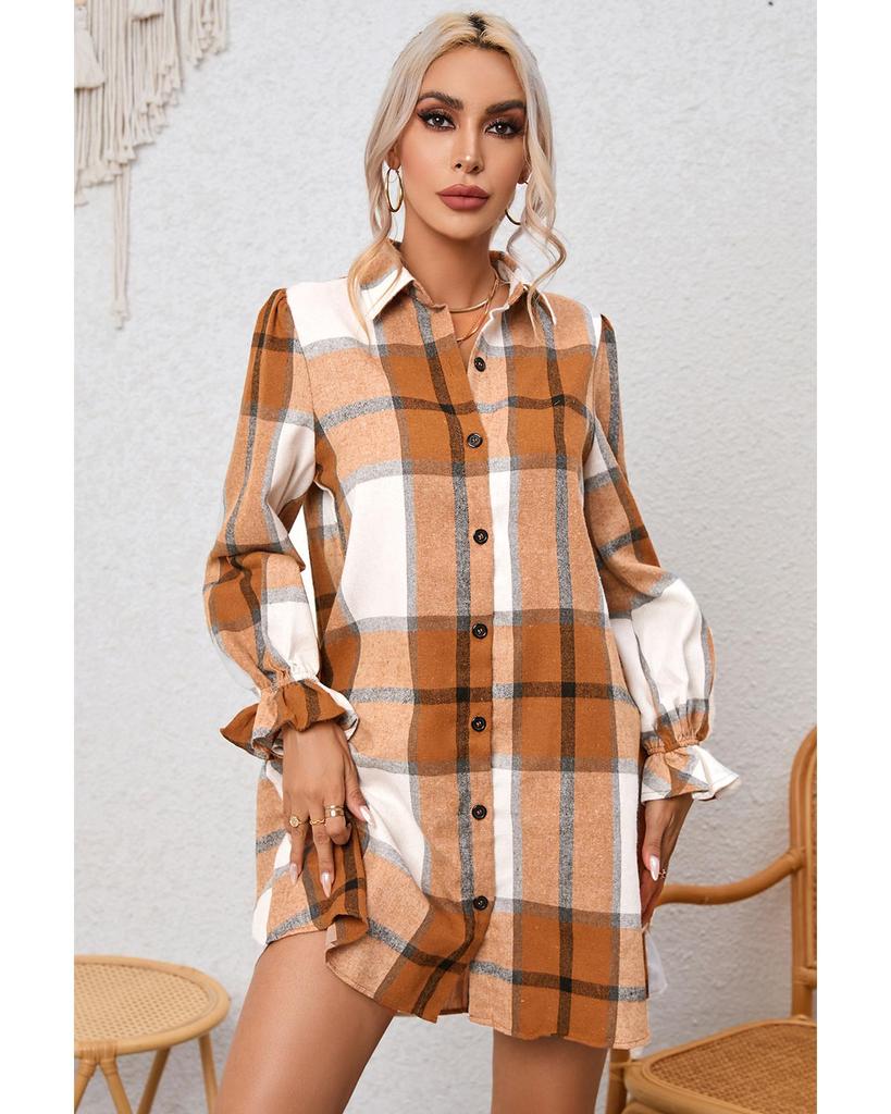 Azura Exchange Khaki Plaid Ruffled Sleeve Shirt Dress