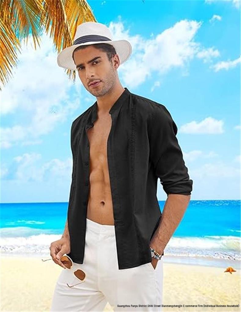 Men's Casual Cotton Linen Stand Collar Shirt - European & American Style for Summer Beach Vacation 2023
