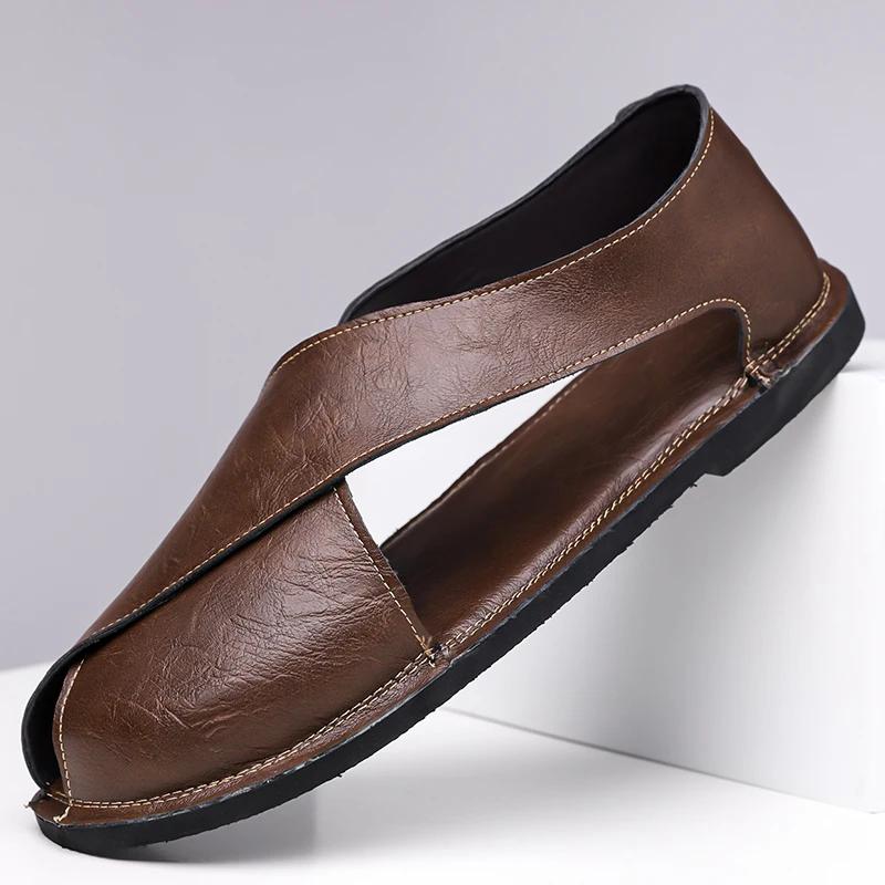 Men Flat Bottom Casual Leather Sandals Summer New British Style  Soft Bottom Anti-Slip Business Shoes Breathable Roman Sandals
