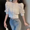 Summer Blouse Women Korean Hollow Out Lace White Women Shirt Short Sleeve Button Loose Shirts Solid Female Tops