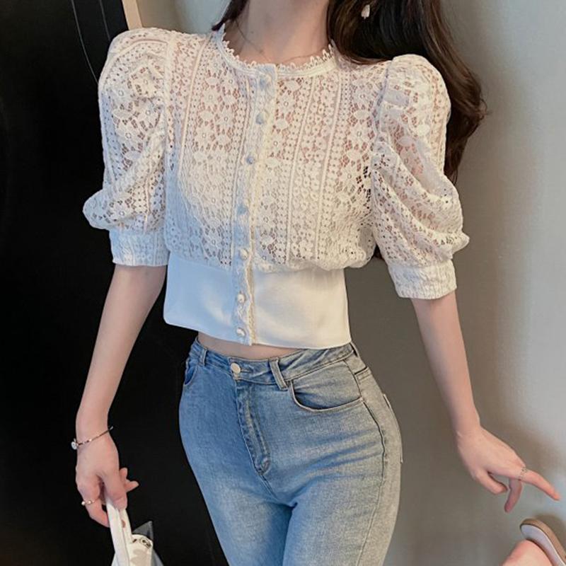 Summer Blouse Women Korean Hollow Out Lace White Women Shirt Short Sleeve Button Loose Shirts Solid Female Tops