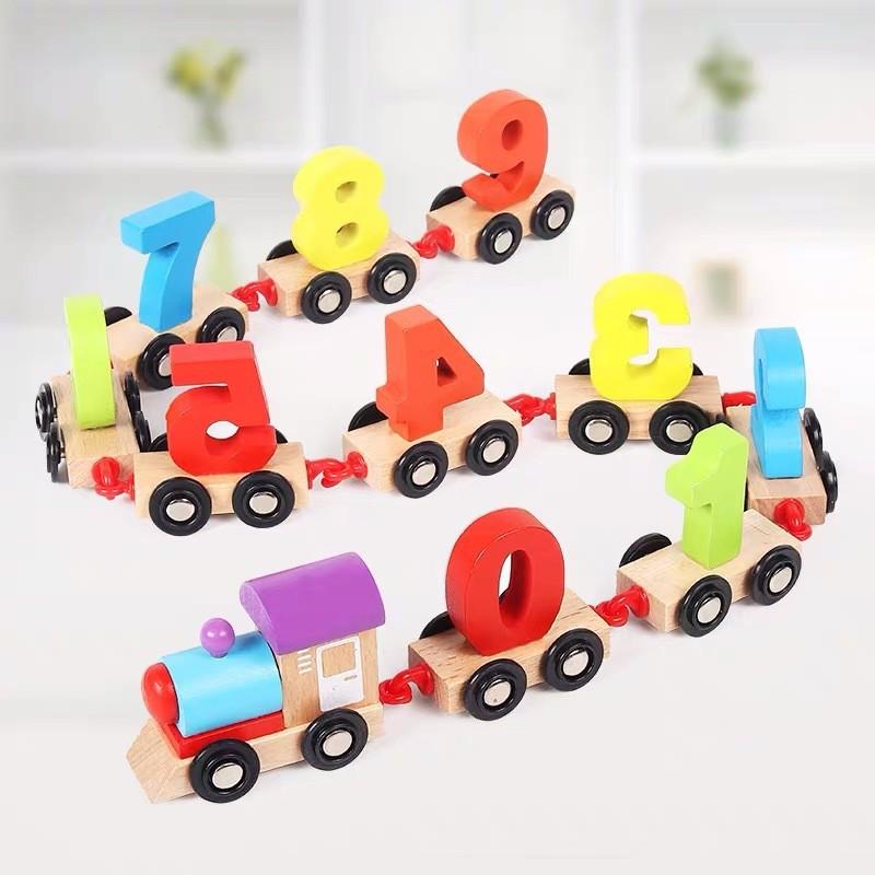 Pull Wooden Along Number Train Toy Kids Early Educational Counting Blocks