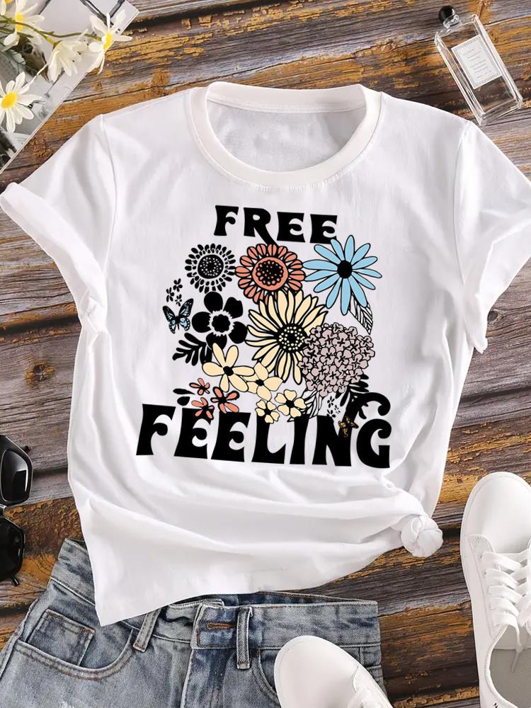 (Asian Size) Flower Letter Trend Female Top Fashion Graphic Short Sleeve T-shirts Casual T Shirt  Lady Printed Clothing Women Tee