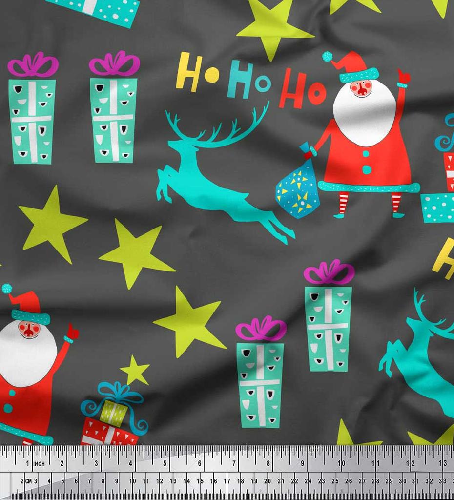 Soimoi Gray Japan Crepe Satin Fabric Santa & Gifts Kids Fabric Prints By metre 42 Inch
