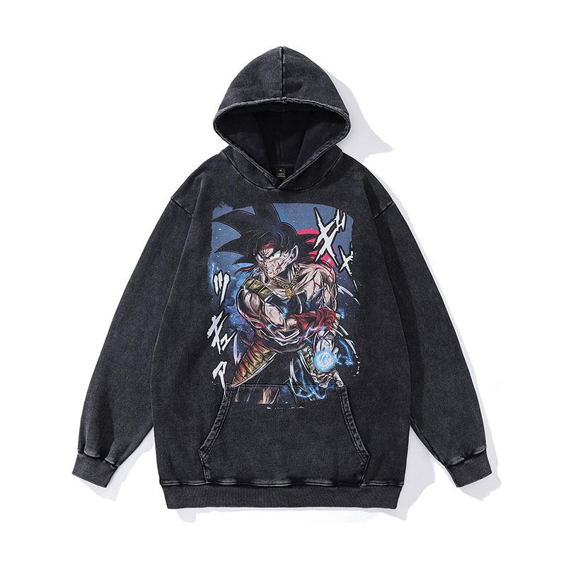 Sweat à capuche Rétro Tendance Marque Hip Hop Street Lavage à l'eau Aspect Vieilli Impression Dessin Animé Japonais Sweat à Capuche Hommes et Femmes Tendance
