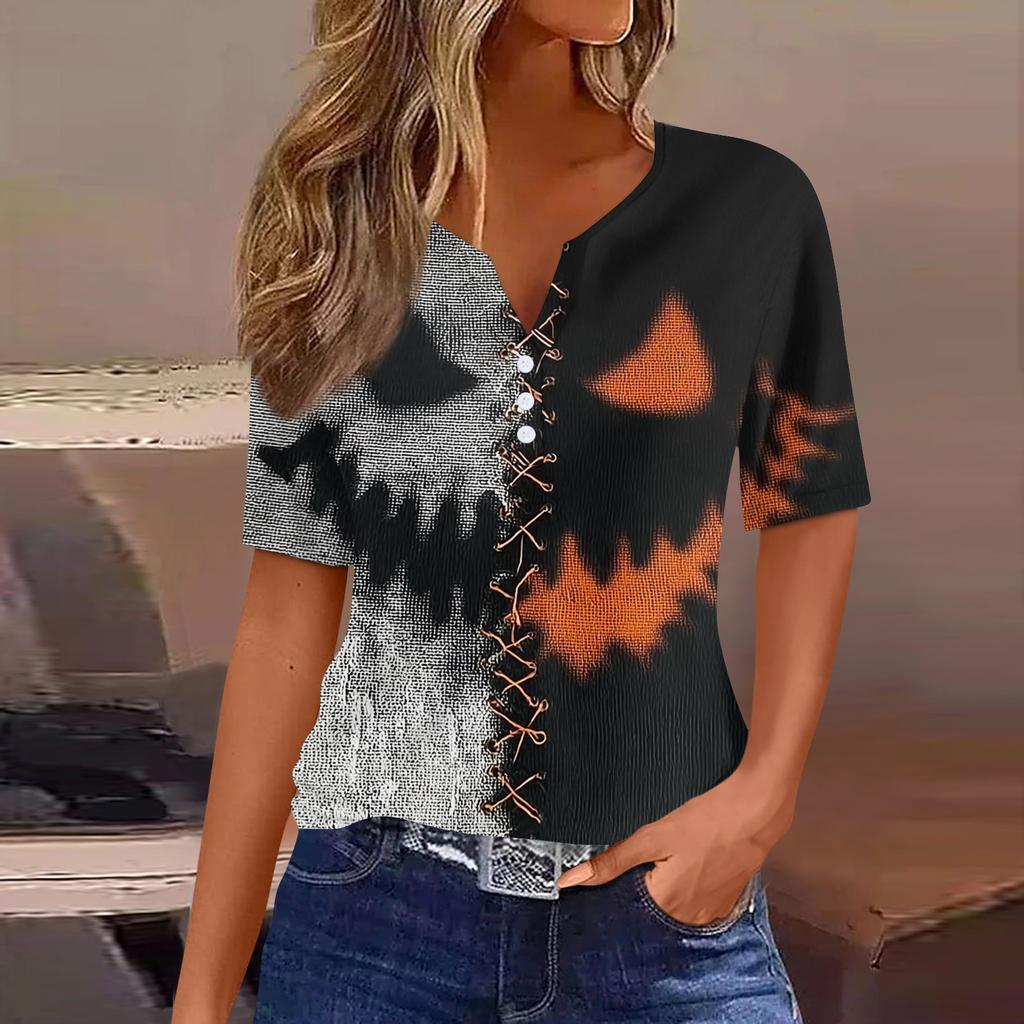 Women's Casual V Neck Short Sleeve Button Front Top Halloween Print Lightweight Blouse for Everyday Wear