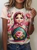 Matryoshka doll 3D print women's round neck short-sleeved T-shirt, Harajuku style top, women's clothing
