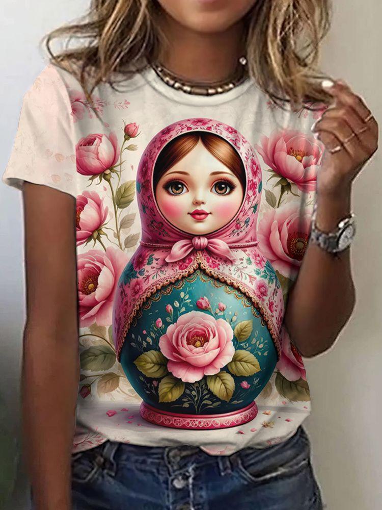 Matryoshka doll 3D print women's round neck short-sleeved T-shirt, Harajuku style top, women's clothing