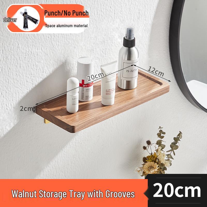 Walnut Wood Wall-Mount Bathroom Shelf with Towel Bar