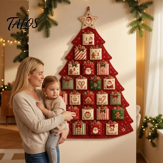 DIY Fabric Advent Calendar Quilted Tree Kit, 24 Pocket Christmas Sewing Patchwork Kit Handmade Craft for Adults, Holiday Home Wall Door Decor