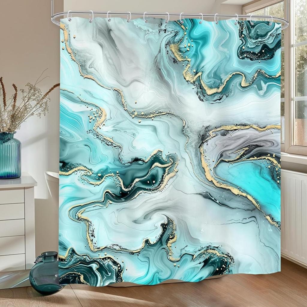 Blue Green Abstract Shower Curtain Modern Ombre Minimalist Marble Luxury Contemporary Simple Unique Cloth Fabric Waterproof