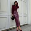 2025 Autumn High-Waisted Slimming Leather Bodycon Midi Skirt with Slit