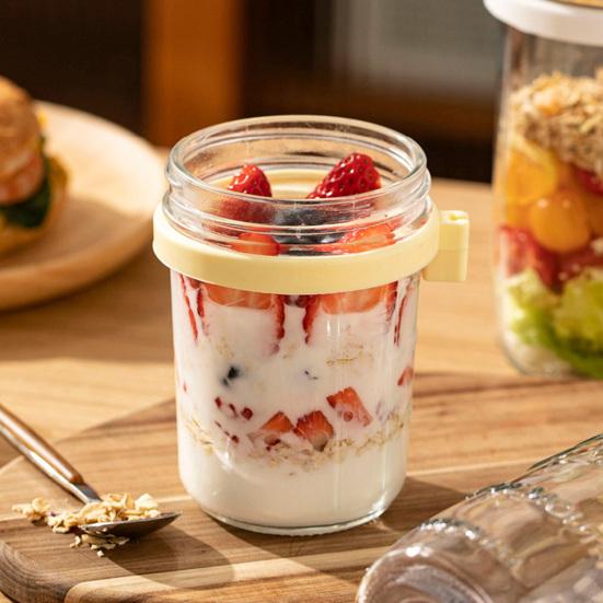 Nádoby na overnight oats se vzduchotěsným víčkem a lžičkou 350 ml Snídaňová nádoba na jogurt, salát, chia pudink Nepropustné přenosné skleněné nádoby na jídlo