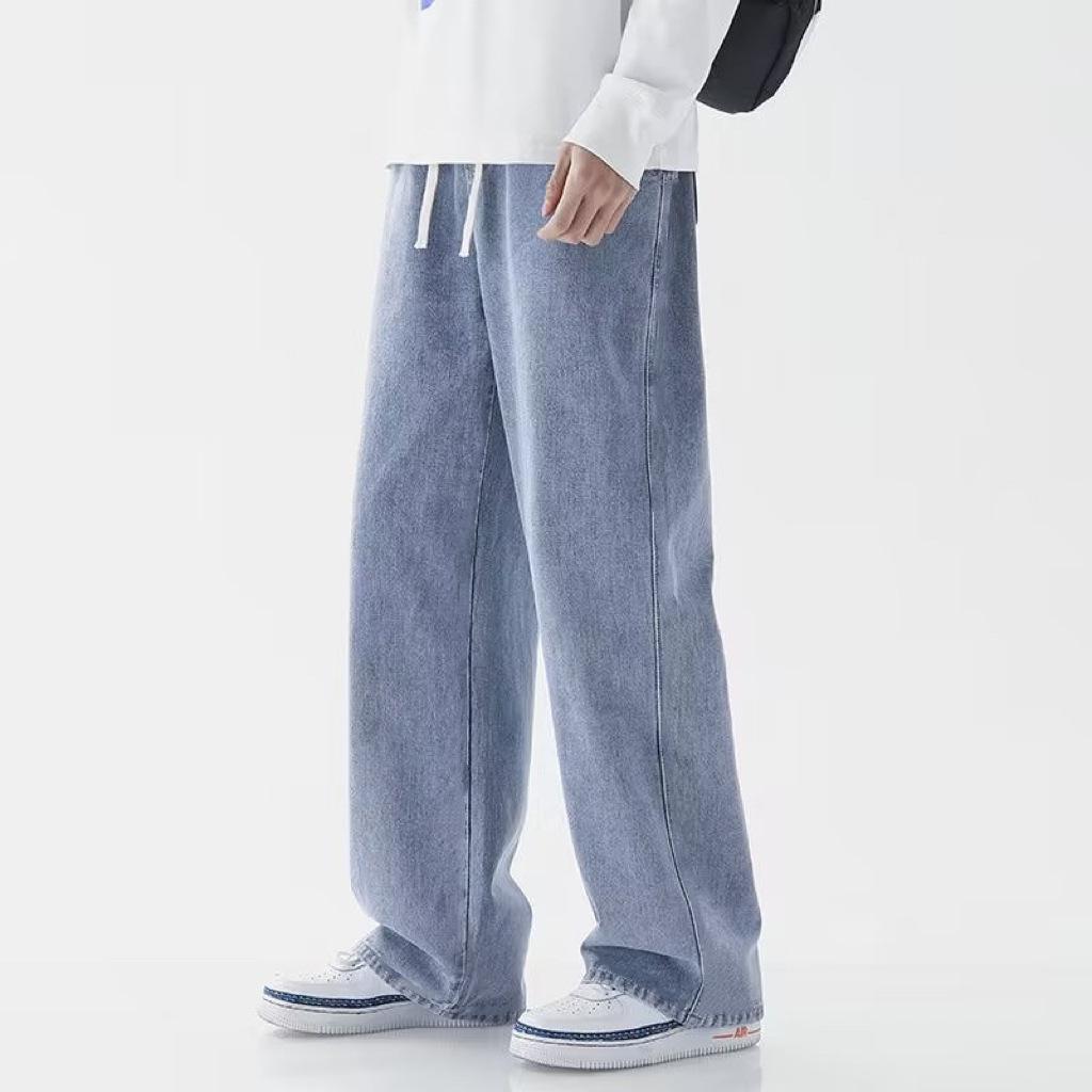 Men's Elastic Waist Light Jeans - Loose, Straight-Leg, Wide & Floor-Length Casual Pants
