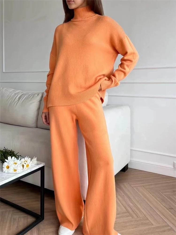 High-Quality Solid Color Knit Set: Women's High Neck & Wide Leg Pants Two-Piece for Autumn/Winter 2025