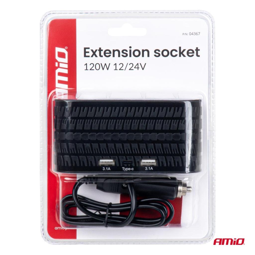 Cigarette lighter socket splitter with charger 2x USB-A 1x USB-C 12V 24V 120W 80cm AMIO-04367
