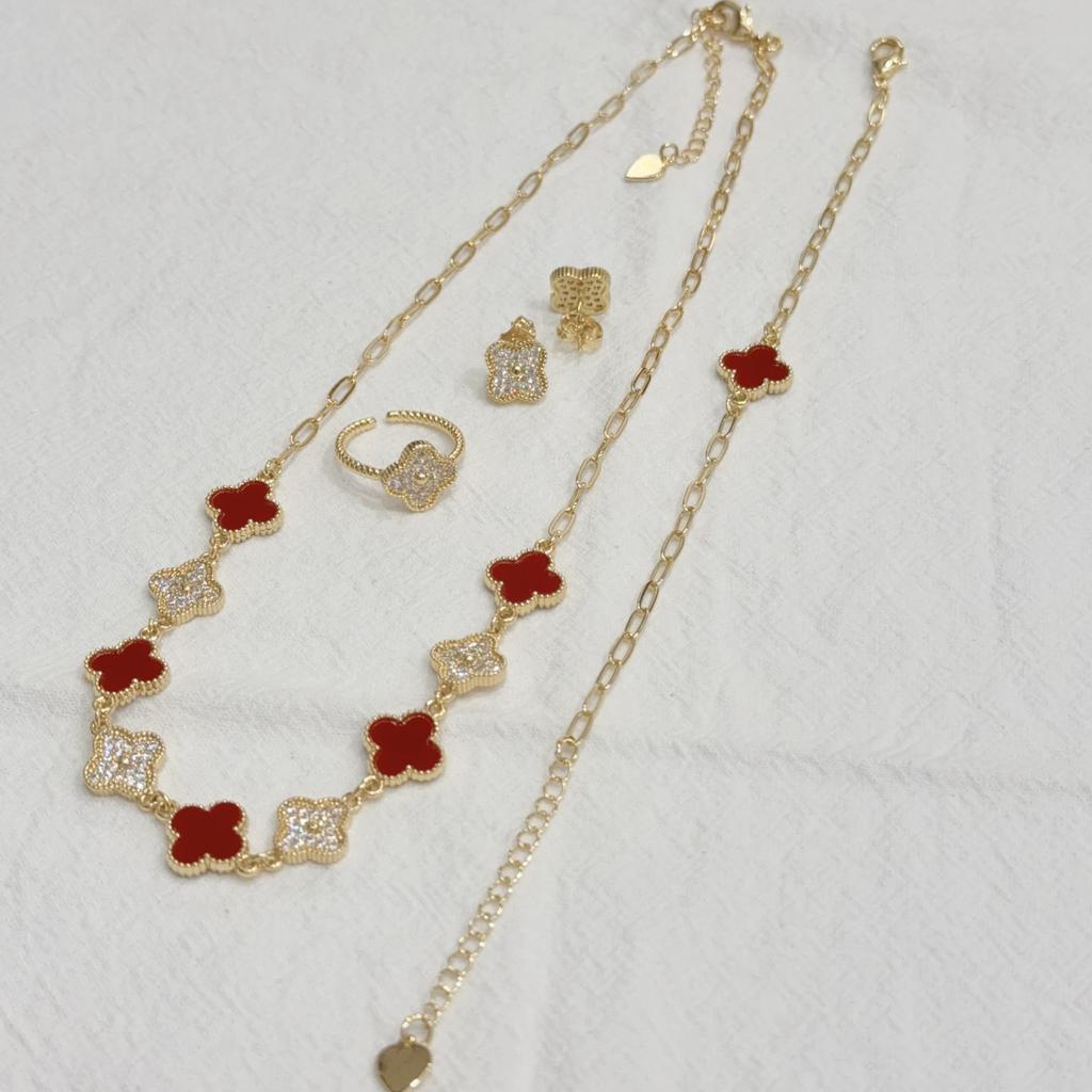 4PCS Clover 18k Copper Jewelry Set Simple and Versatile Petal Necklace Bracelet Ring Earnail Accessories