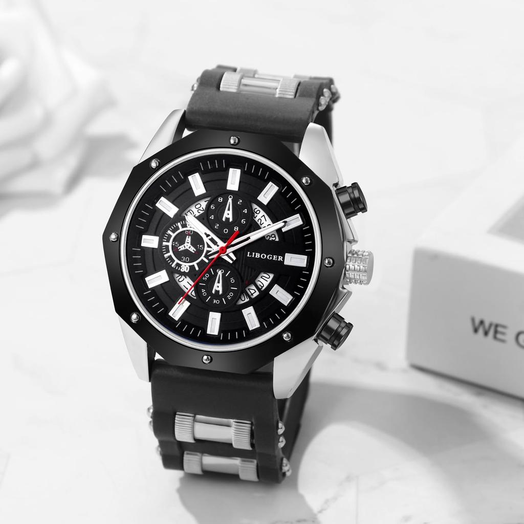 Men's Watch with Silicone Band, Trinocular Lens, Polygonal Case: Waterproof, Analog Display, Polygonal Dial, Calendar, Quartz Movement, Casual,