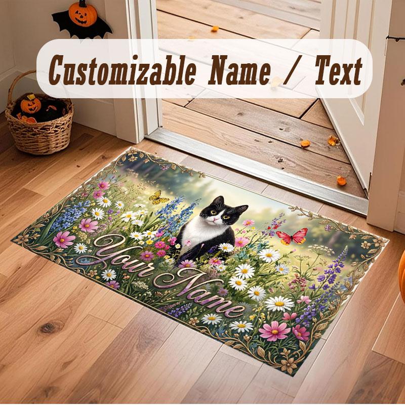 Cat Theme Crystal Velvet Floor Rug Personalized Custom Name Text Warm Carpet Home Decoration