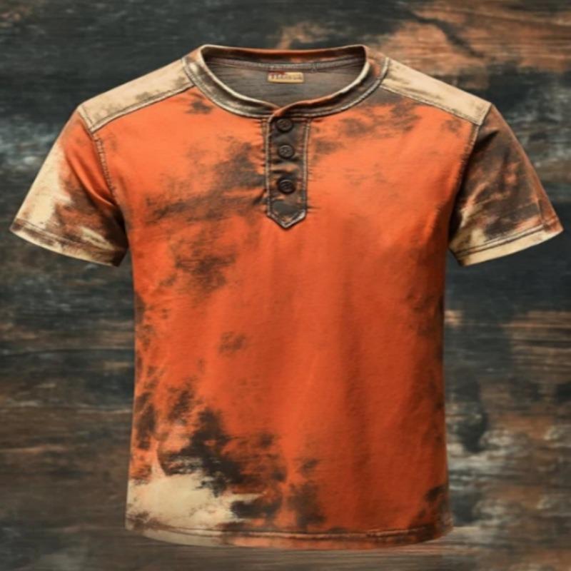 European and American semi-cardigan, casual short-sleeved digital printing slim-fit pullover Henry T-shirt top men's clothing