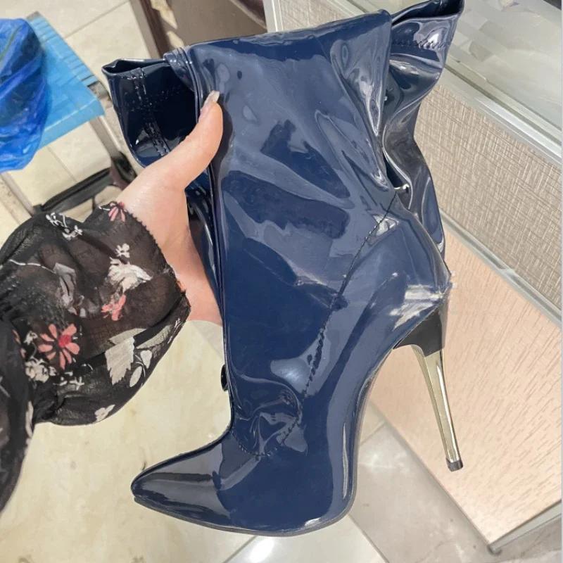 Women Patent Leather Boots Sexy Thigh High Boots Metal Stiletto Heels Fitted Party Boots Knee High Boot Big Size 45 46 47 48