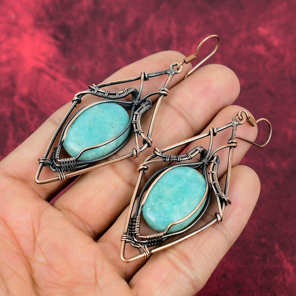 Amazonite Earring Copper Wire Wrapped Gemstone Earrings Copper Jewelry Handmade Earrings Wire Wrap Jewelry Birthstone Earrings Wedding Gifts