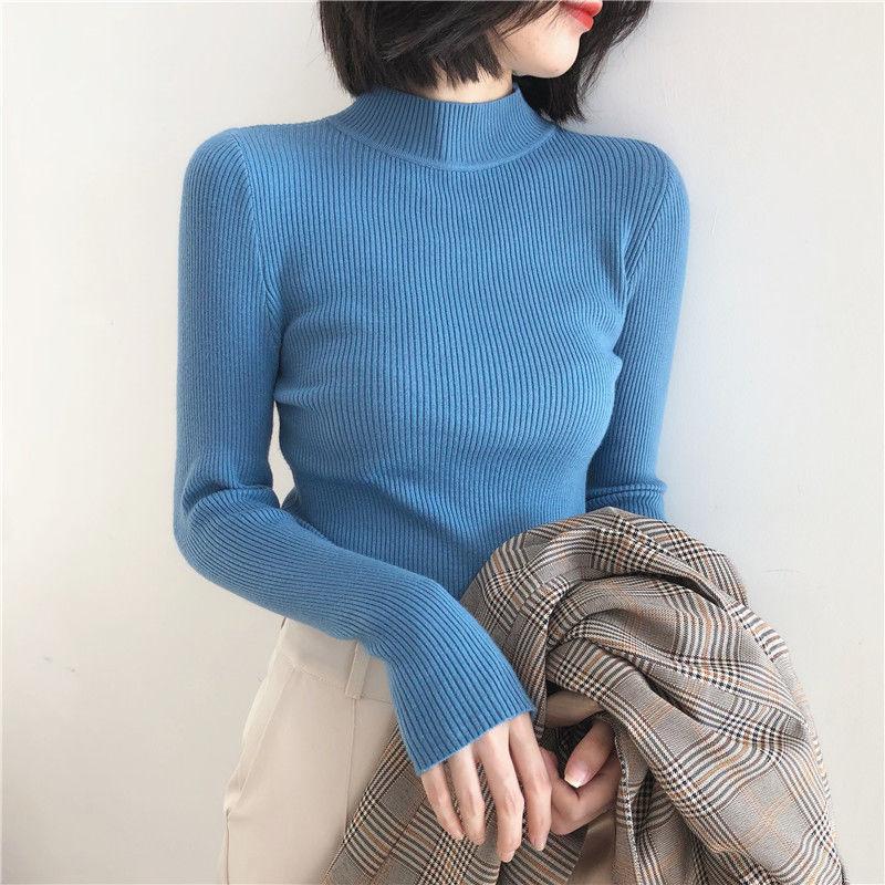 Autumn Winter Women's Stretch Knitted Sweater  Half Turtleneck Jumper Tight Short Knitted Bottoming Shirt Pullover Jumper Knitted Tops