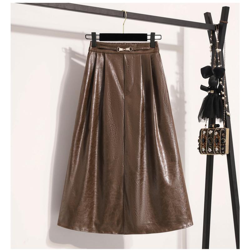 

DIMANAF 2024 Новые осенние юбки больших размеров из искусственной кожи для женщин с эластичной талией, элегантные юбки большого размера с высокой талией, однотонные 5XL коричневый
