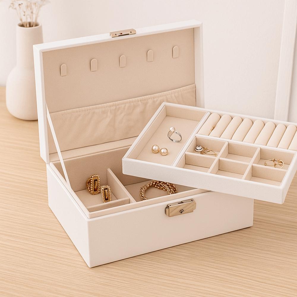 2 Layer Leather Jewelry Organizer with Lock Jewelry Display Case  for Necklace Rings Earrings