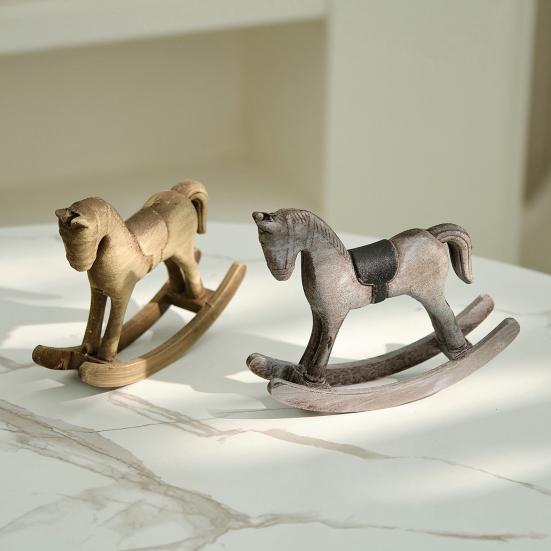 Yousheng Wooden Rocking Horse Figurine Vintage Wood Carving Pony Statue Sculpture Home Office Desktop Decoration Ornament