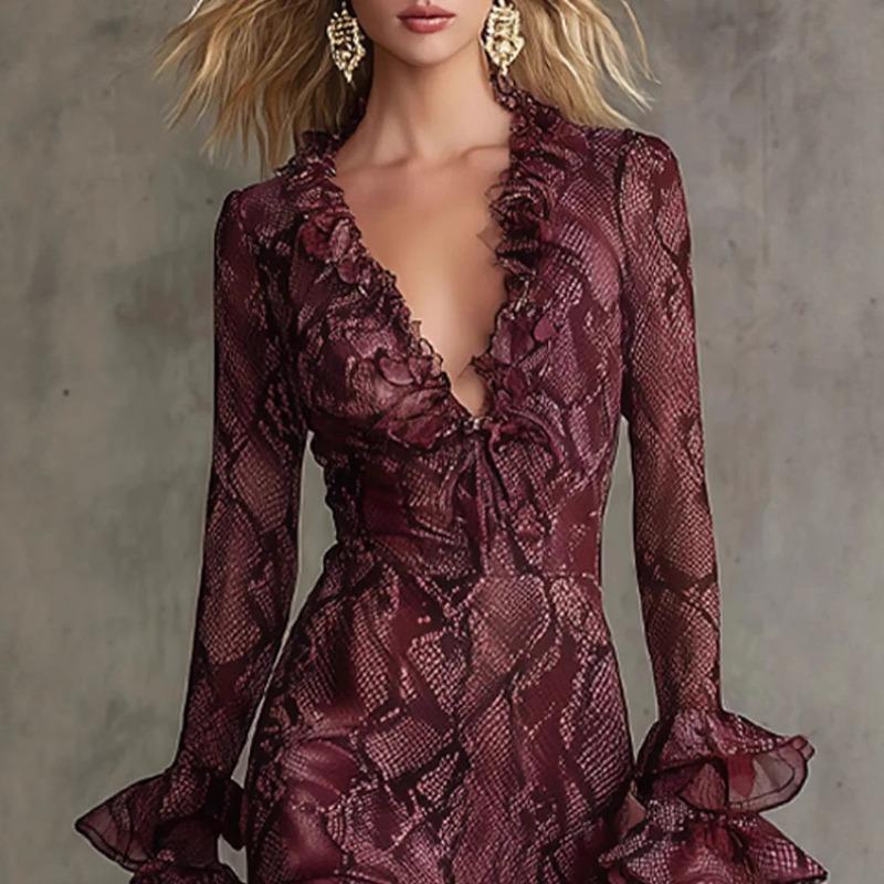 2 Women's Clothing, Flared Sleeve Tether V-Neck Dress Long Sleeve Dress Long Dress