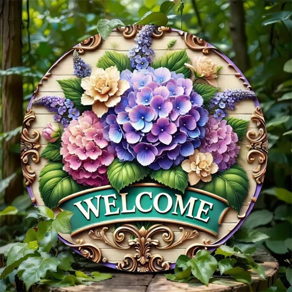 Vintage Hydrangea Metal Wall Art Farmhouse Decor Round Wreath Sign