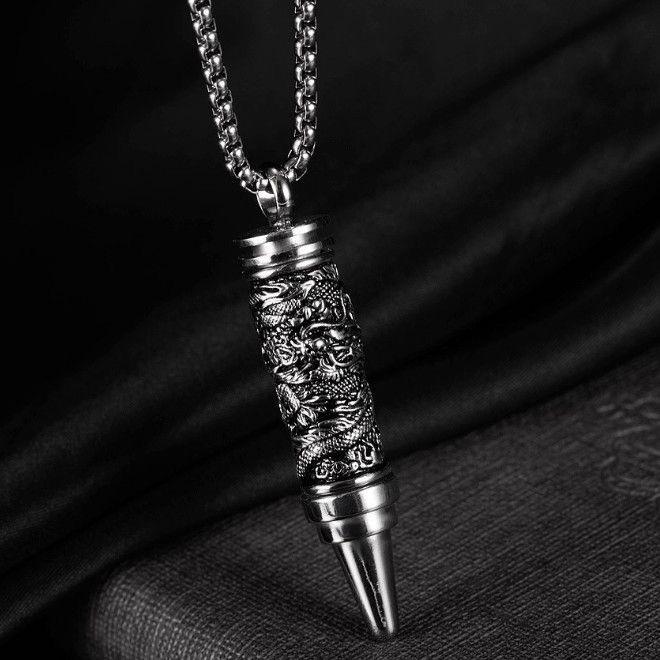 Vintage Titanium Steel Dragon-Patterned Bullet Necklace Pendant, Men'S Necklace