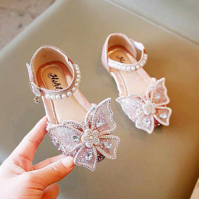 2026 Spring/Summer Girls' Korean Style Elegant Princess Shoes with Rhinestone Bow and Soft Sole