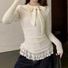 New Bow Tie Lace Splicing Women Blouse Long Sleeve Sweet T-Shirt Slim Fit Lace-up Solid Color Fashion Tops Elegant Casual Casual Clothing