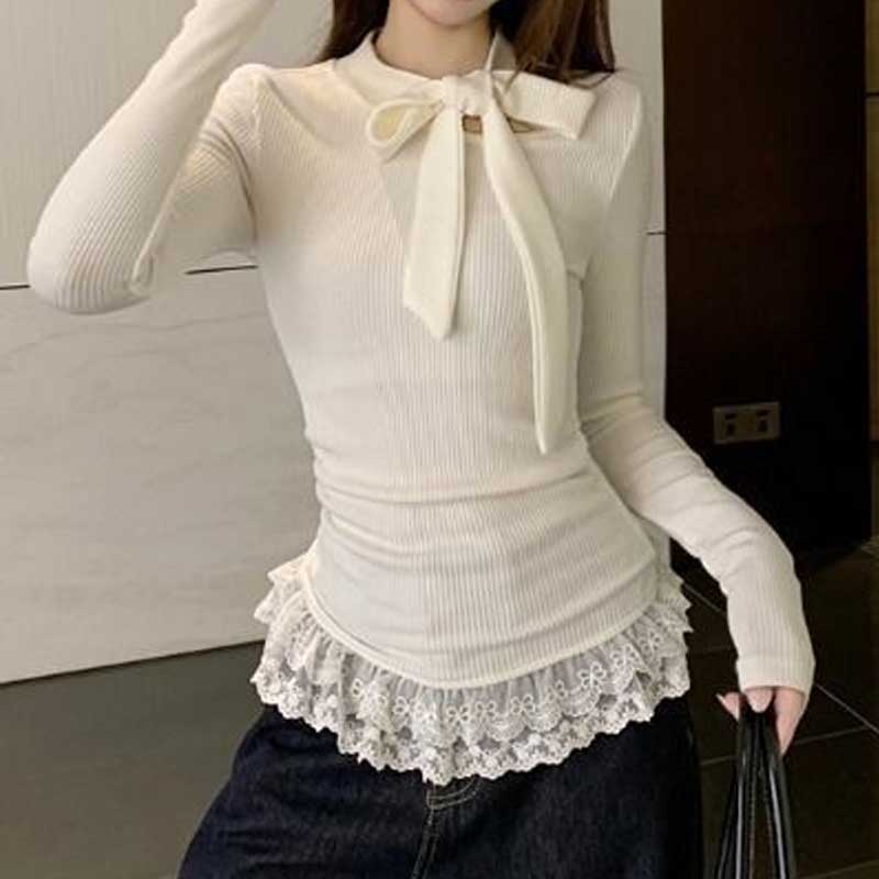 New Bow Tie Lace Splicing Women Blouse Long Sleeve Sweet T-Shirt Slim Fit Lace-up Solid Color Fashion Tops Elegant Casual Casual Clothing