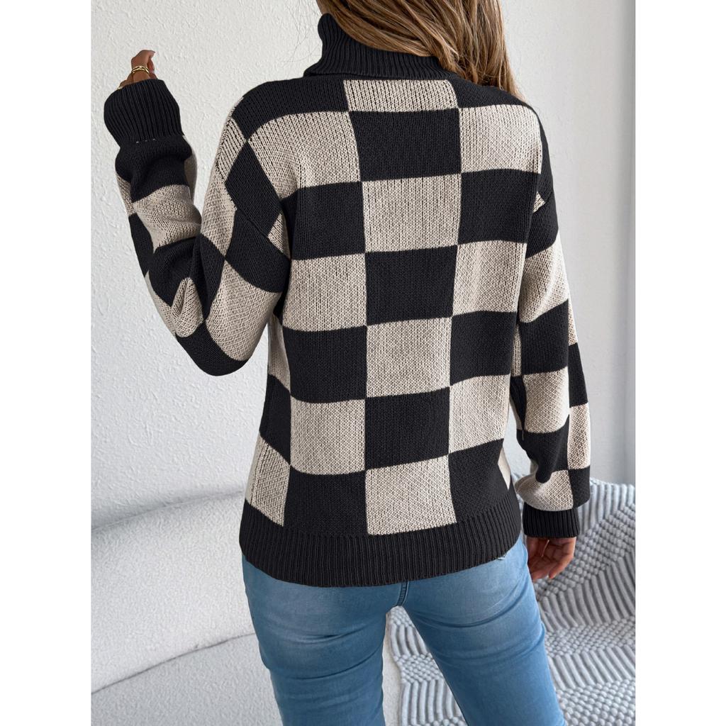 HNXC Autumn and Winter Casual High-neck Contrasting Color Checkered Lantern Long-sleeved Sweater Women's Wear