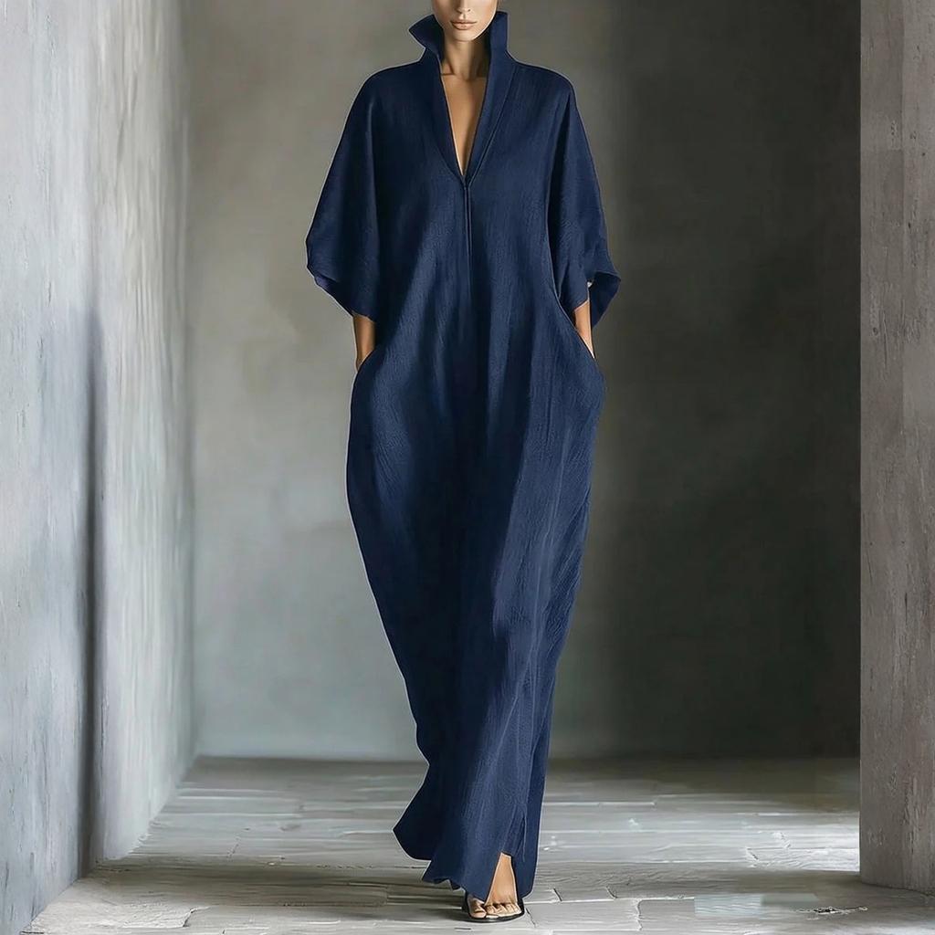 Fashionable Women's Mid Sleeved V-neck Long Skirt With Loose Fitting Pullover Dress