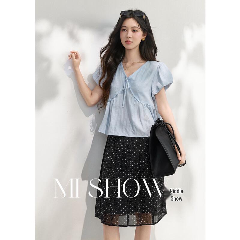 Puff Sleeve V-Neck Babydoll Blouse with Tie-Front S