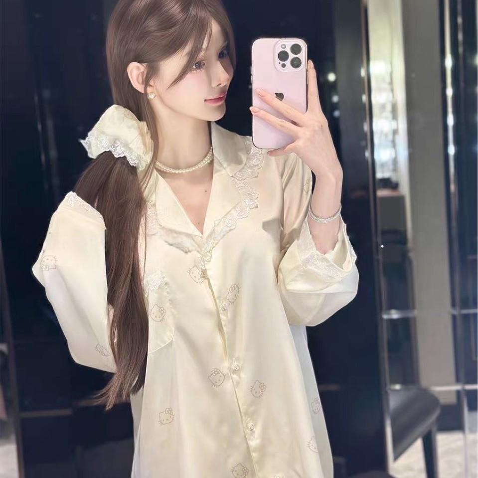 

Kitty cat pajamas women s ice silk autumn and winter long-sleeved trousers set lace-edged silk loungewear can be worn outside XL