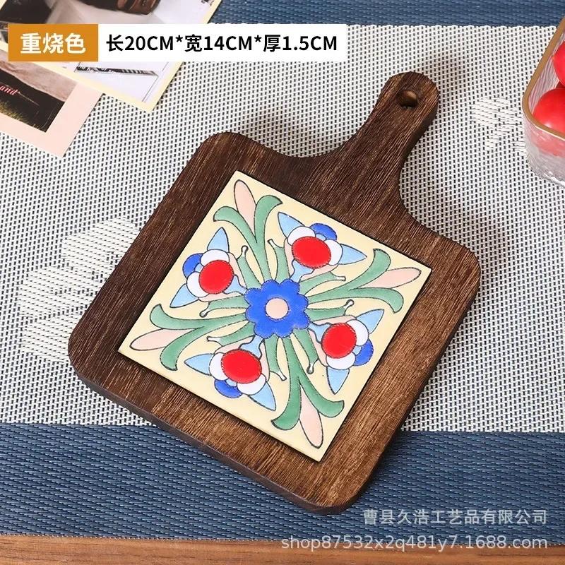 Japanese Restaurant Retro Solid Wood Tile Handle Pot Pad Wooden Anti Scald Plate Pad Household Casserole insulation Wood Pad